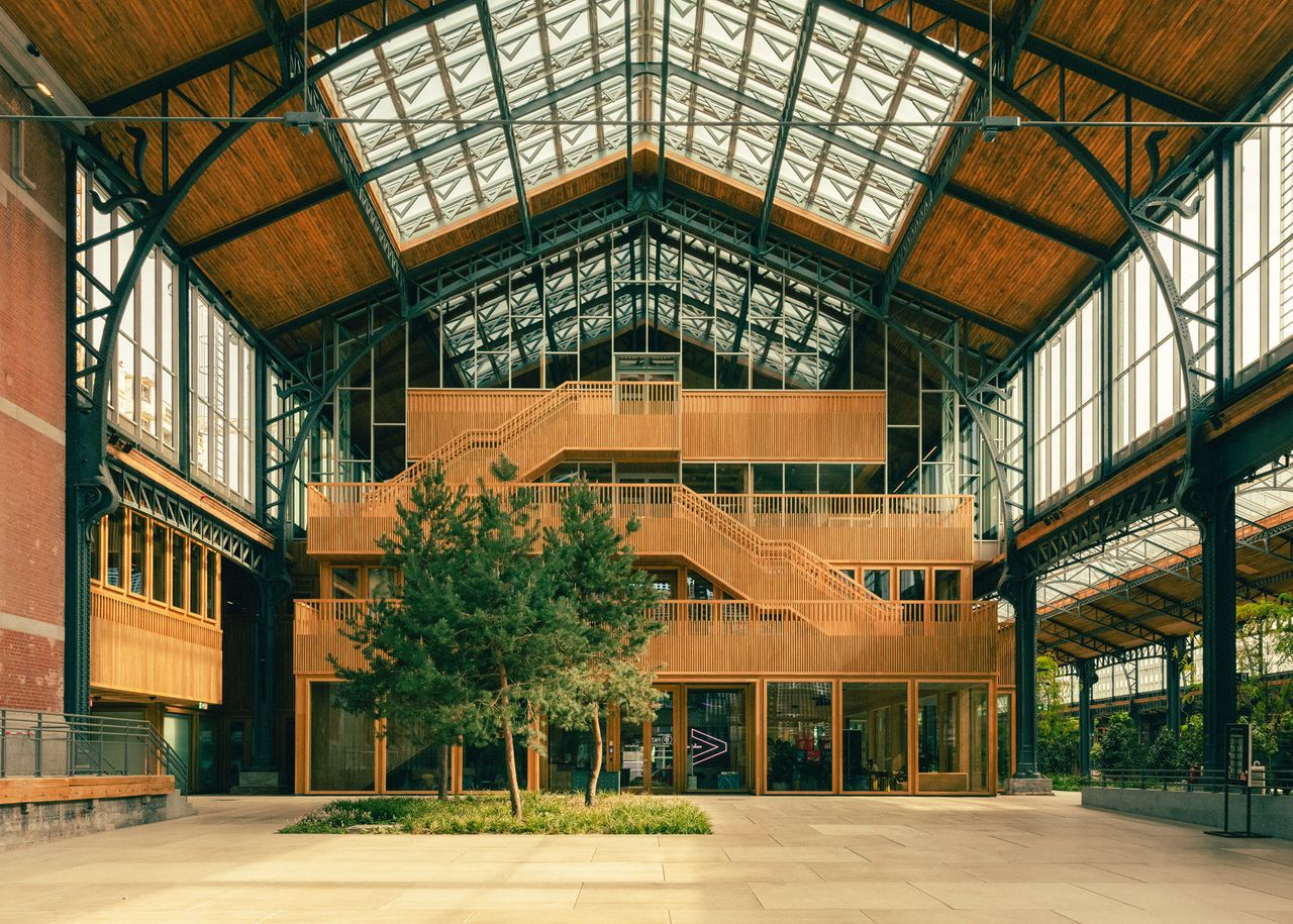 An indoor courtyard with planted trees, shrubbery and a large staircase at the end of it.