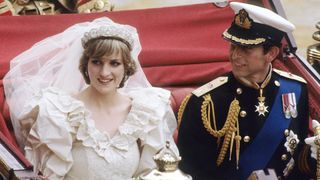 Prince Charles, Prince of Wales and Diana, Princess of Wales, wearing a wedding dress designed by David and Elizabeth Emanuel and the Spencer family Tiara, ride in an open carriage, from St. Paul's Cathedral to Buckingham Palace, following their wedding on July 29, 1981 in London, England.