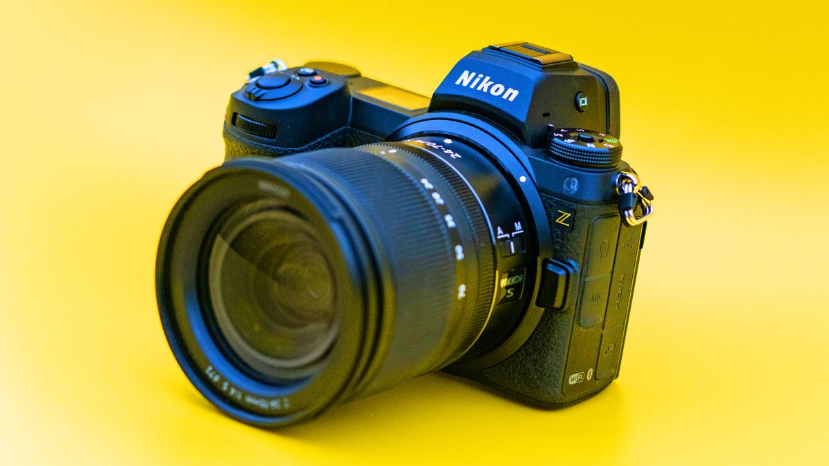 Mockup of a Nikon Z7 III camera against a yellow background