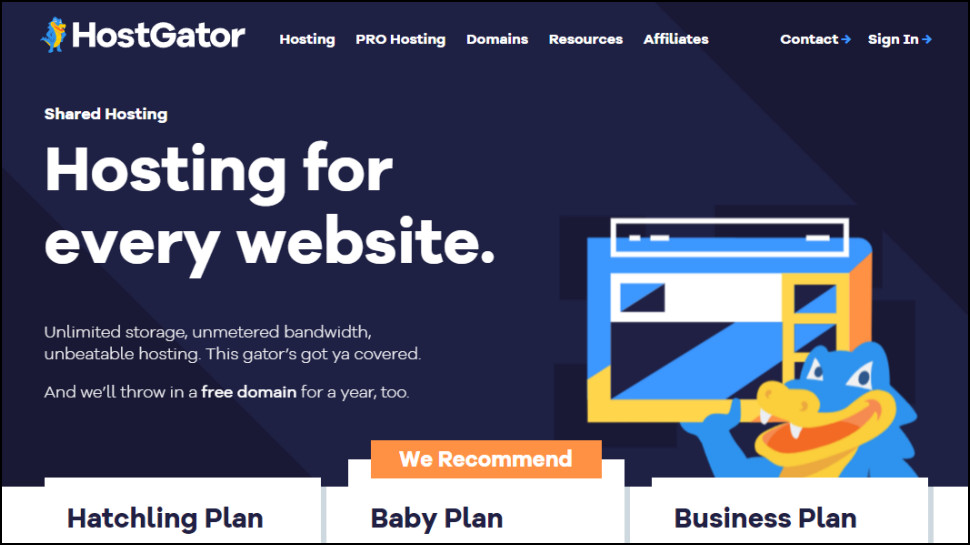 HostGator shared hosting homepage