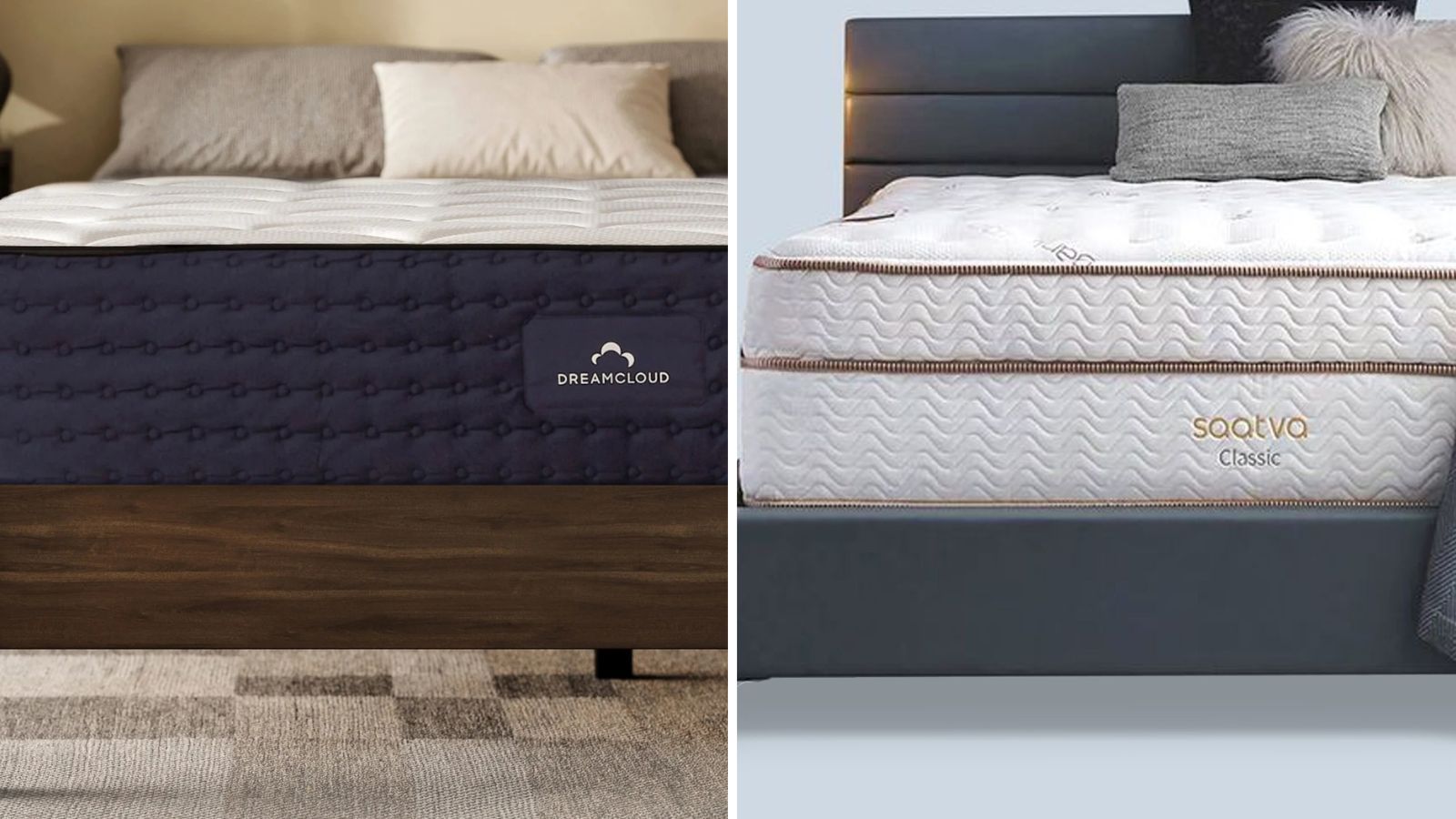 Side by side view of the DreamCloud Luxury Hybrid and the Saatva Classic Mattress on bed frames.