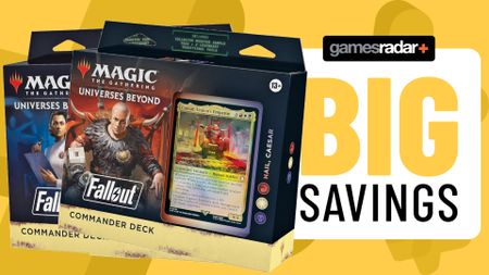 Two MTG Fallout Commander decks with a 'big savings' badge, against a yellow background