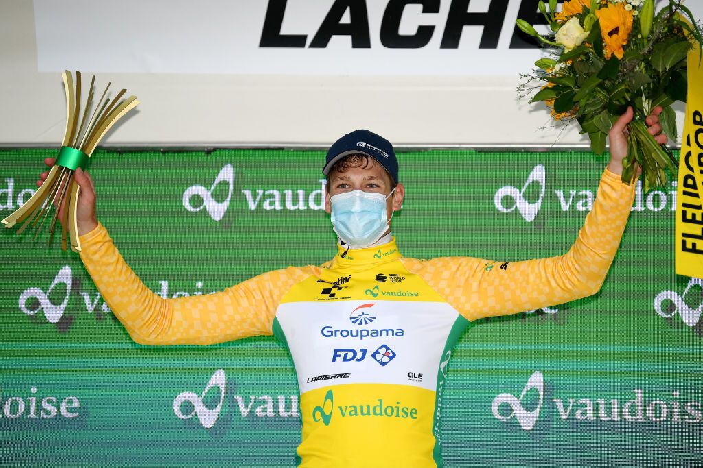 LACHEN SWITZERLAND JUNE 07 Stefan Kng of Switzerland and Team Groupama FDJ Yellow Leader Jersey celebrates at podium during the 84th Tour de Suisse 2021 Stage 2 a 178km stage from Neuhausen am Rheinfall to Lachen Mask Covid safety measures Trophy UCIworldtour tds tourdesuisse on June 07 2021 in Lachen Switzerland Photo by Tim de WaeleGetty Images