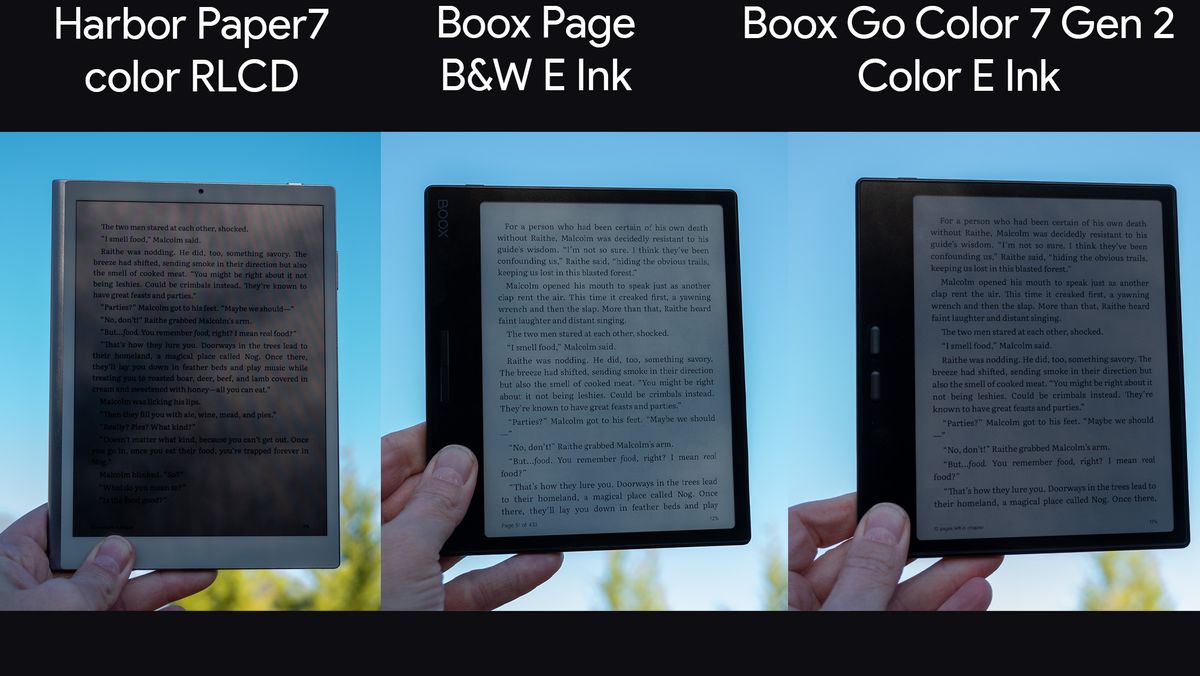 Comparing color RLCD, color E Ink, and black &amp; white E Ink on a Harbor Paper 7, Onyx Boox Page, and Onyx Boox Go Color 7 Gen 2