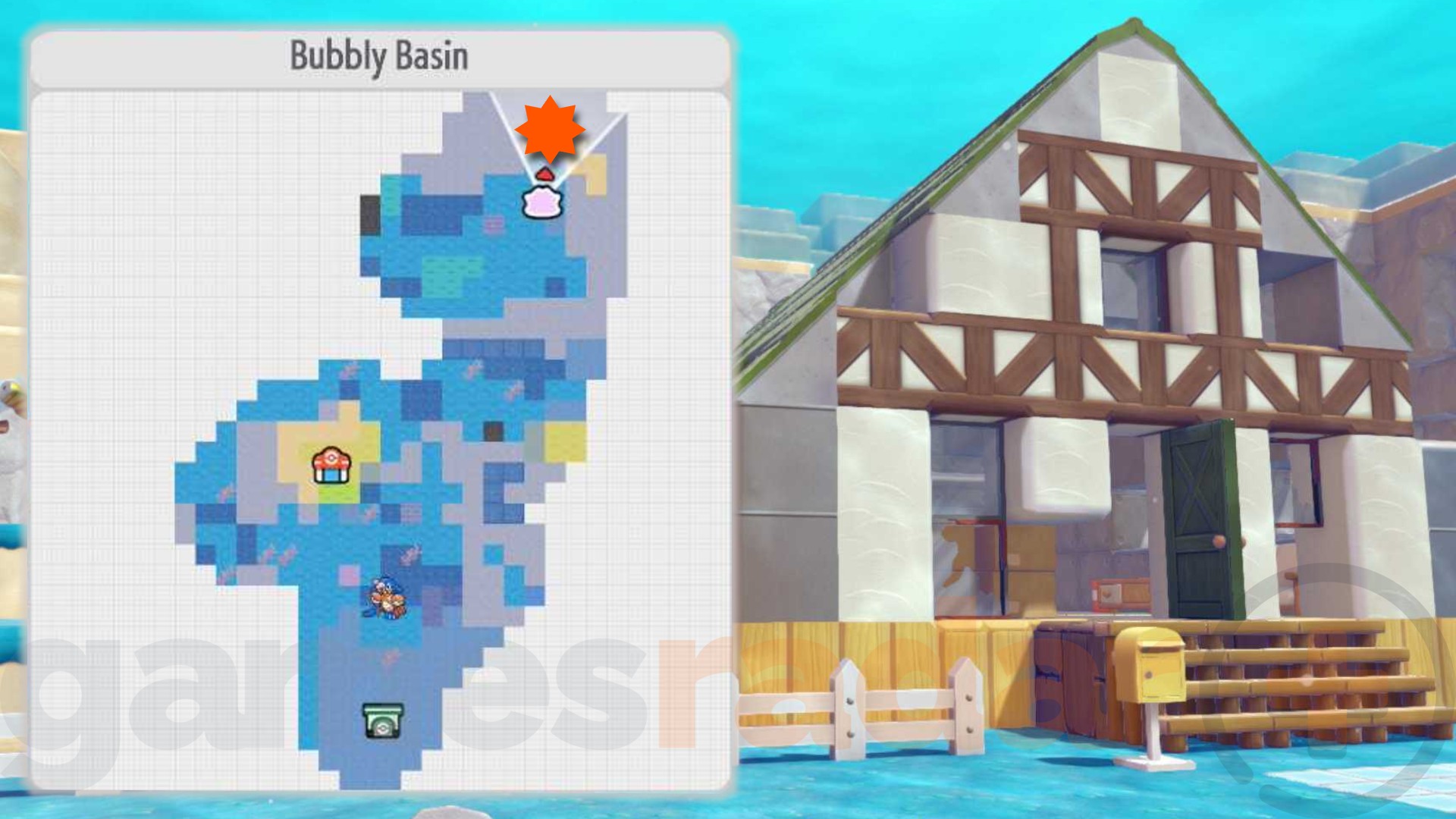 The Pokopia Portal Pod location in Bubbly Basin, marked on the in-game map.