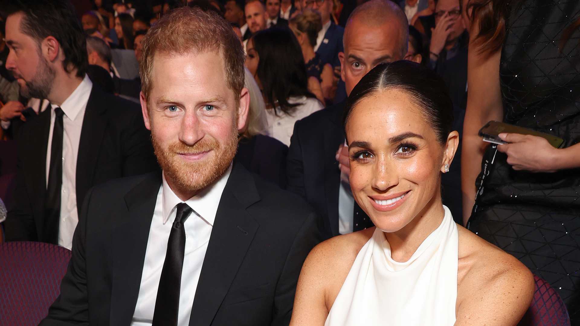 HOLLYWOOD, CALIFORNIA - JULY 11: (Exclusive Coverage) (L-R) Prince Harry, Duke of Sussex and Meghan, Duchess of Sussex attend the 2024 ESPY Awards at Dolby Theatre on July 11, 2024 in Hollywood, California. (Photo by Kevin Mazur/Getty Images for W+P)