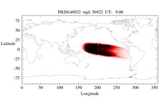 The modelled amplitude scintillation level expected on UHF communications due to equatorial plasma bubbles – showing for September 22, 2014, at 9AM UTC (7PM AEST) close to sunset on Australia’s east coast.