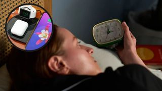 A woman wakes up at 3 a.m. with insomnia. In the top left foreground, there is a desk with various electronics charging.