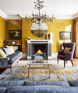 Gold and grey rug in a living room
