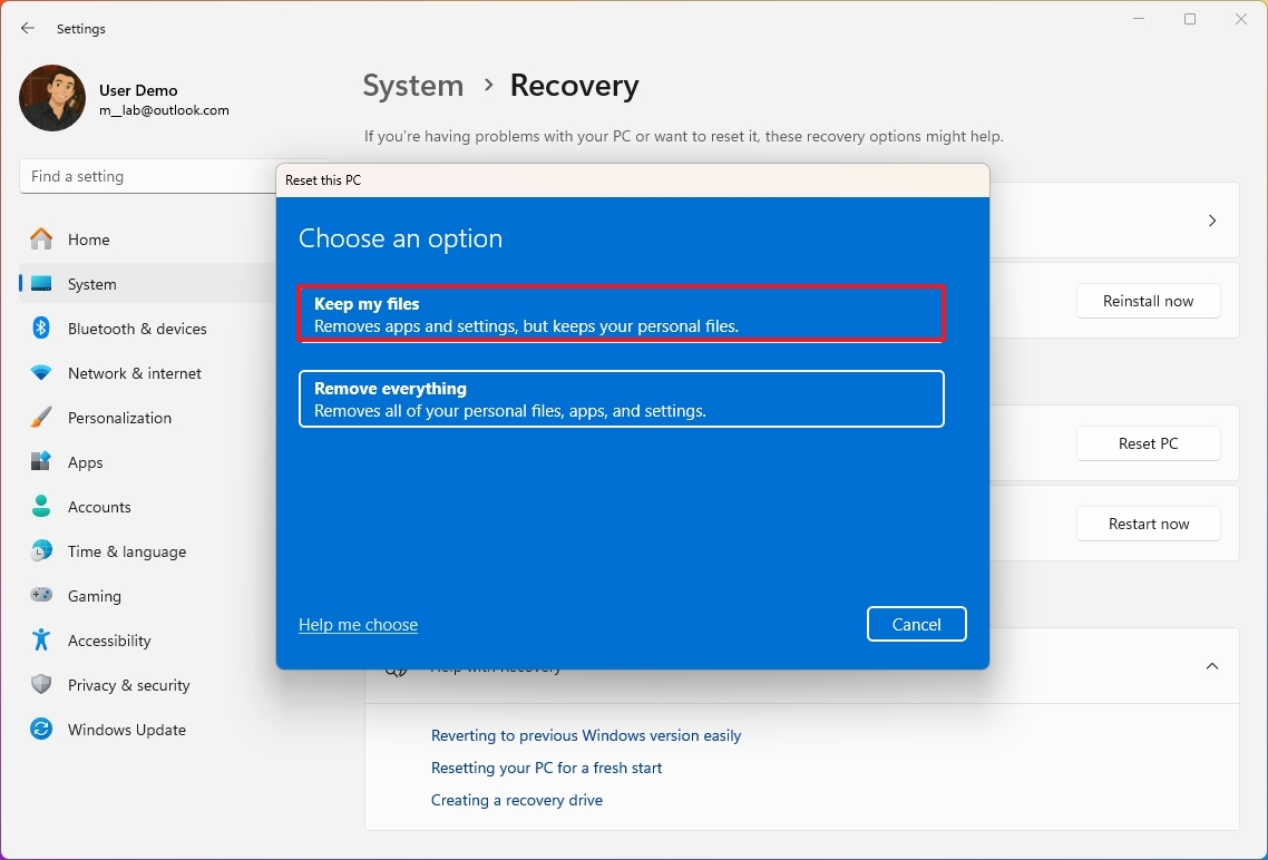Reset PC keeping files