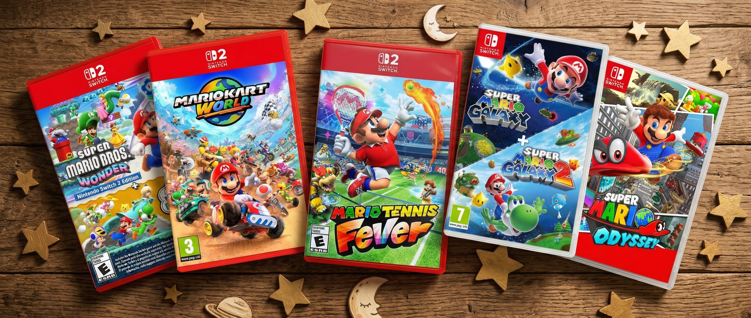 Super Mario Switch games on a wooden table