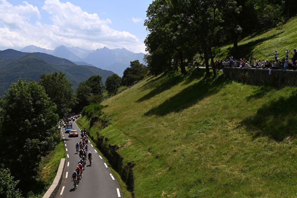 CAUTERETSCAMBASQUE FRANCE JULY 06 A general view of Wout Van Aert of Belgium and Team JumboVisma Matteo Trentin of Italy and UAE Team Emirates Michal Kwiatkowski of Poland and Team INEOS Grenadiers Neilson Powless of The United States James Shaw of United Kingdom and Team EF EducationEasyPost Julian Alaphilippe of France Kasper Asgreen of Denmark and Team Soudal Quick Step Nikias Arndt of Germany and Team Bahrain Victorious Benot Cosnefroy of France Oliver Naesen of Belgium and Ag2R Citron Team Mathieu Van Der Poel of The Netherlands and Team AlpecinDeceuninck Bryan Coquard of France Anthony Perez of France and Team Cofidis Ruben Guerreiro of Portugal Gorka Izagirre of Spain and Movistar Team Krists Neilands of Latvia and Team IsraelPremier Tech Christopher JuulJensen of Denmark and Team JaycoAlUla Matis Louvel of France and Team ArkaSamsic Tobias Halland Johannessen of Norway and Jonas Gregaard of Denmark and UnoX Pro Cycling Team compete in the breakaway climbing to the Col dAspin 1490m during the stage six of the 110th Tour de France 2023 a 1449km stage from Tarbes to CauteretsCambasque 1355m UCIWT on July 06 2023 in CauteretsCambasque France Photo by Tim de WaeleGetty Images