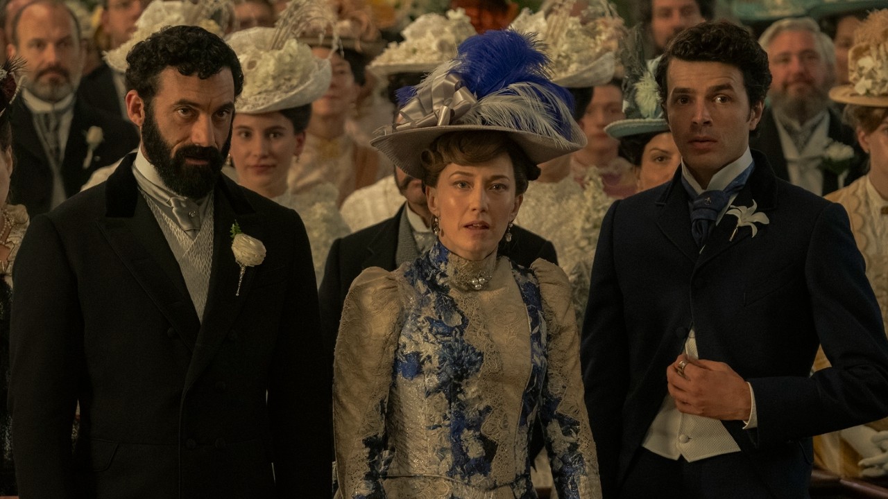 From left to right: George, Bertha and Larry Russell all looking shocked in The Gilded Age.