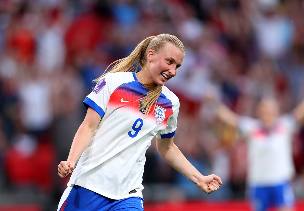 Aggie Beever-Jones celebrating her hat-trick