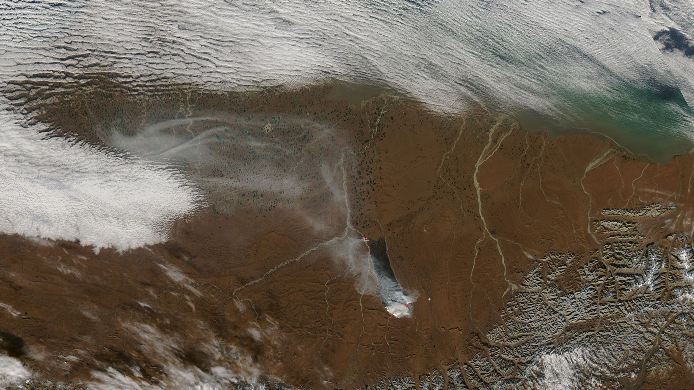 Satellite image of scorched land on Alaska's North Slope showing the severity of wildfires in 2007.