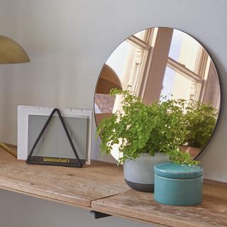 Circular mirror, plant and folder sat on a wall shelf