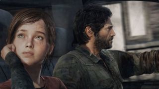 Joel and Ellie from The Last of Us driving in a car