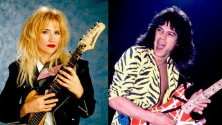 Jennifer Batten poses with a Washburn guitar (left); Eddie Van Halen performs at the Jacksonville Coliseum, Jacksonville, Florida, January 18, 1984.