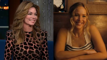From left to right: Shania Twain on The Late Show and Jennifer Lawrence in No Hard Feelings. 