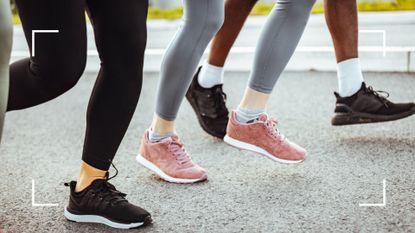 Women's feet in running trainers along gravel path, walking for weight loss