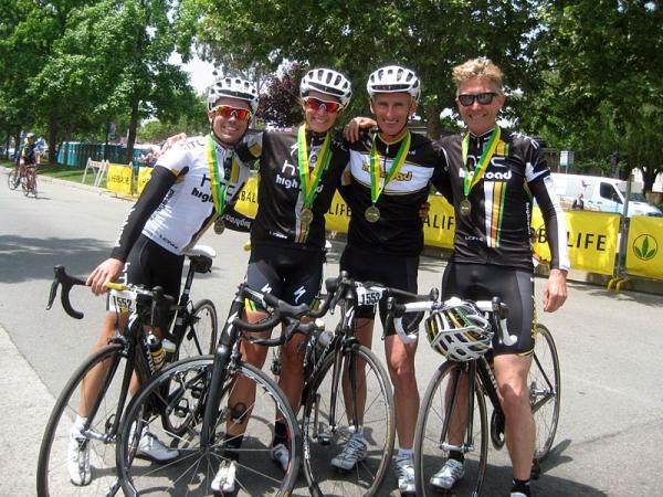 HTC-Highroad riders Caleb Fairly and Ally Stacher plus directeur sportifs Allan Peiper and Brian Holm at the L'Etape du California.