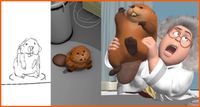 Behind-the-scenes images from Pixar's Hoppers movie showing the characters in hand-drawn storyboard sketches and pre-animation 