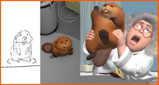Behind-the-scenes images from Pixar's Hoppers movie showing the characters in hand-drawn storyboard sketches and pre-animation 