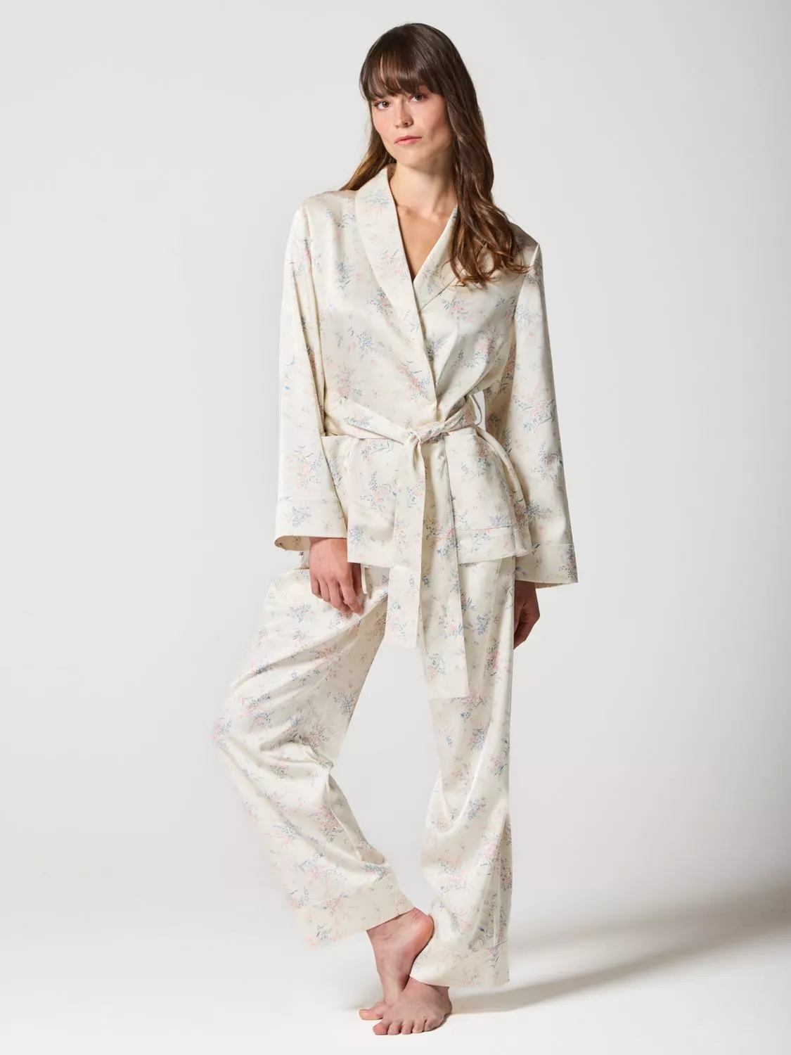 Mamu Floral Long Satin Pyjama Set, Ivory