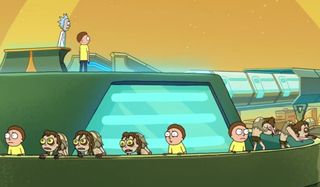 Rick and Morty escaping the Citadel with other Mortys Adult Swim