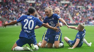 Chelsea players celebrate one of their goals in the women's FA Cup final against Manchester City.