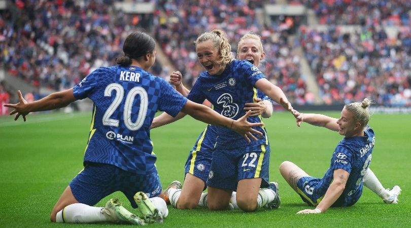 Chelsea players celebrate one of their goals in the women&#039;s FA Cup final against Manchester City.