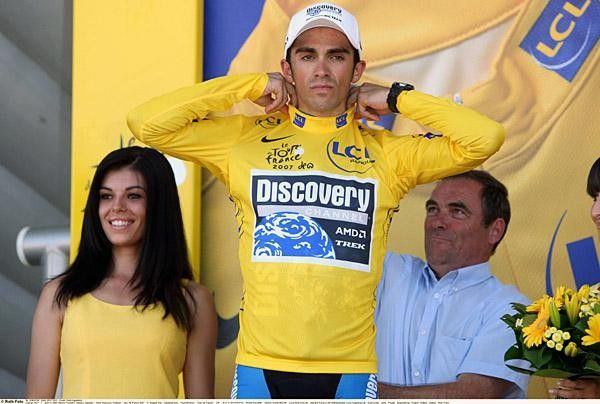 Not the happiest yellow jersey wearer ever, Alberto Contador (Discovery Channel) dons his new outift.