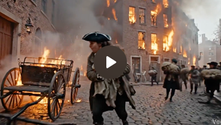 A still shot of a video of New York City burning in 1776