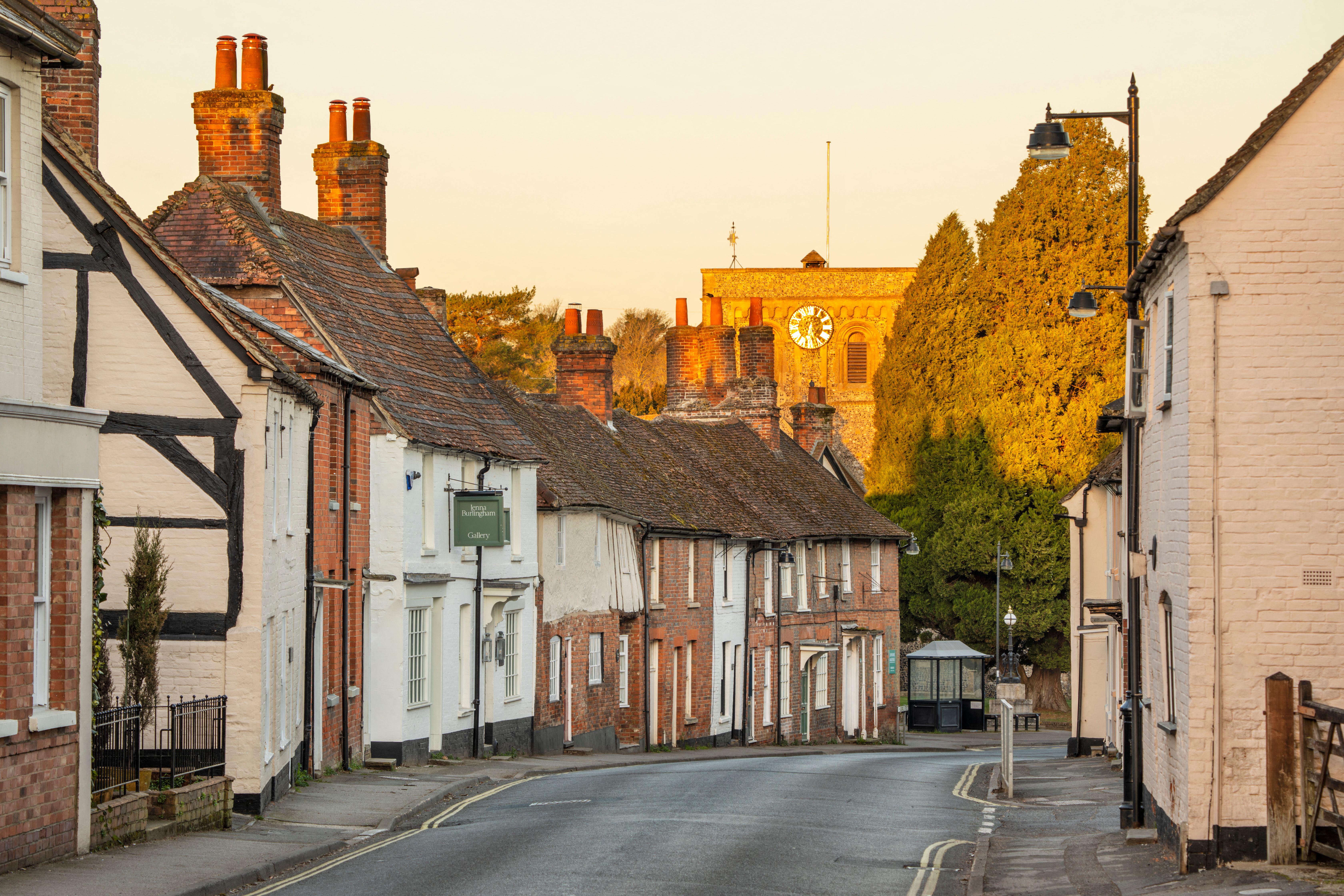 George Street with St Mary's church at sunrise, Kingsclere, Hampshire