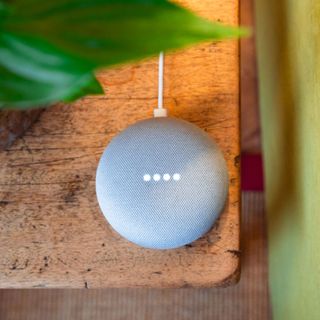 Small grey smart speaker on a distressed wood surface with the leaves of a houseplant in the foreground