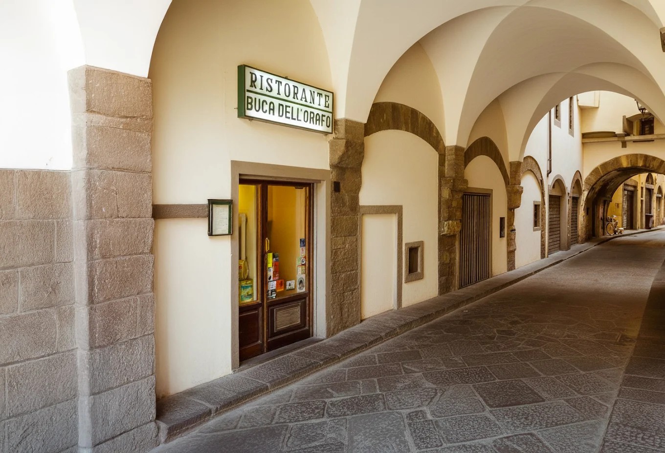 A vaulted gallery with rock and stucco walls, brought to life by natural light, features multiple doors, including a wooden one above which stands a green and white sign that reads &amp;quot;Buca dell'Orafo&amp;quot;.