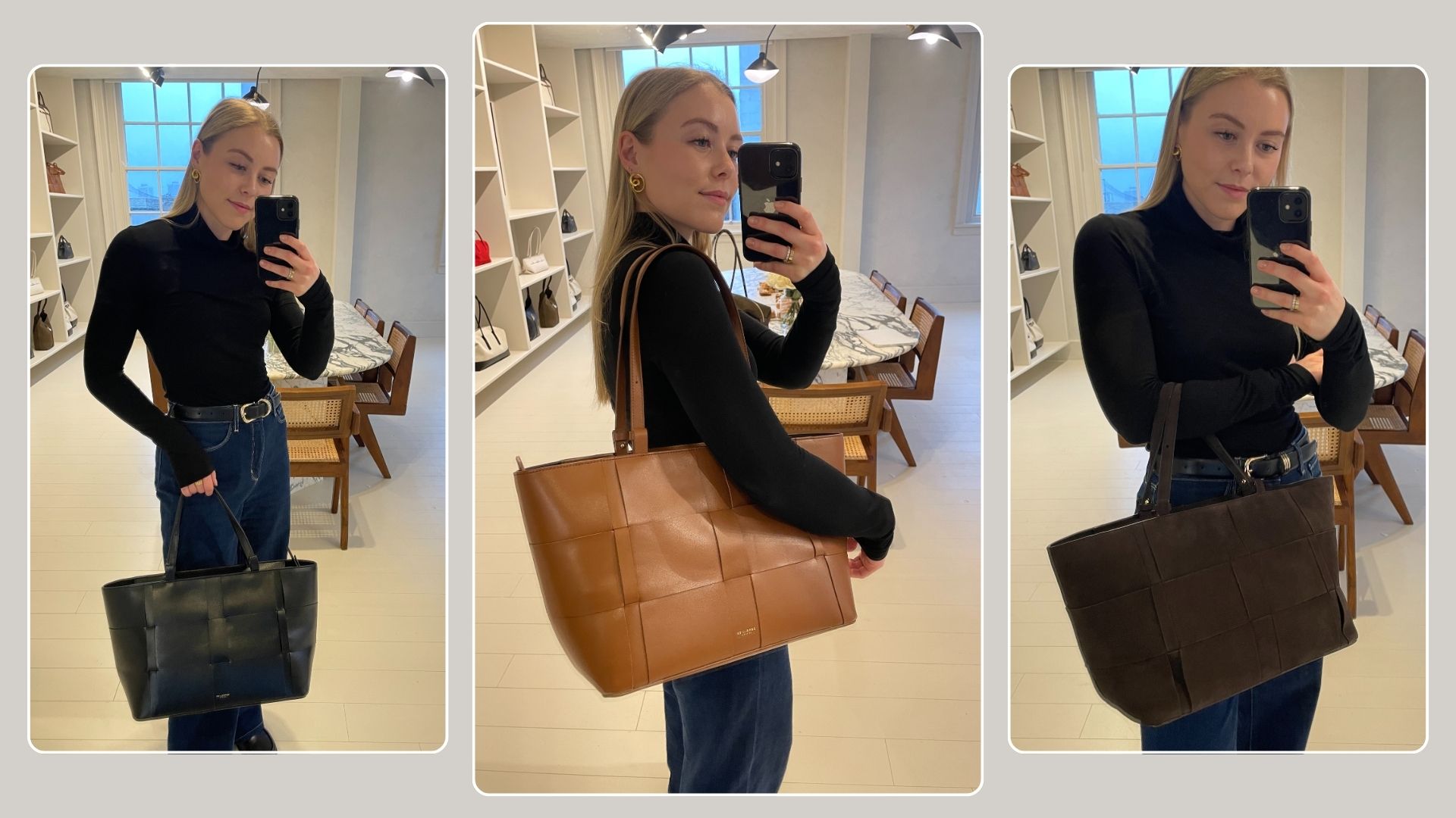Woman wears black top carries brown leather bag