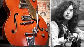 LEFT: A Gretsch Chet Atkins 6120 once owned by Jimmy Page and given away in a 1970s contest. The guitar is going to auction on September 9, 2025. RIGHT: January 1970 70-00002-005 (Photo by WATFORD/Mirrorpix/Mirrorpix via Getty Images)