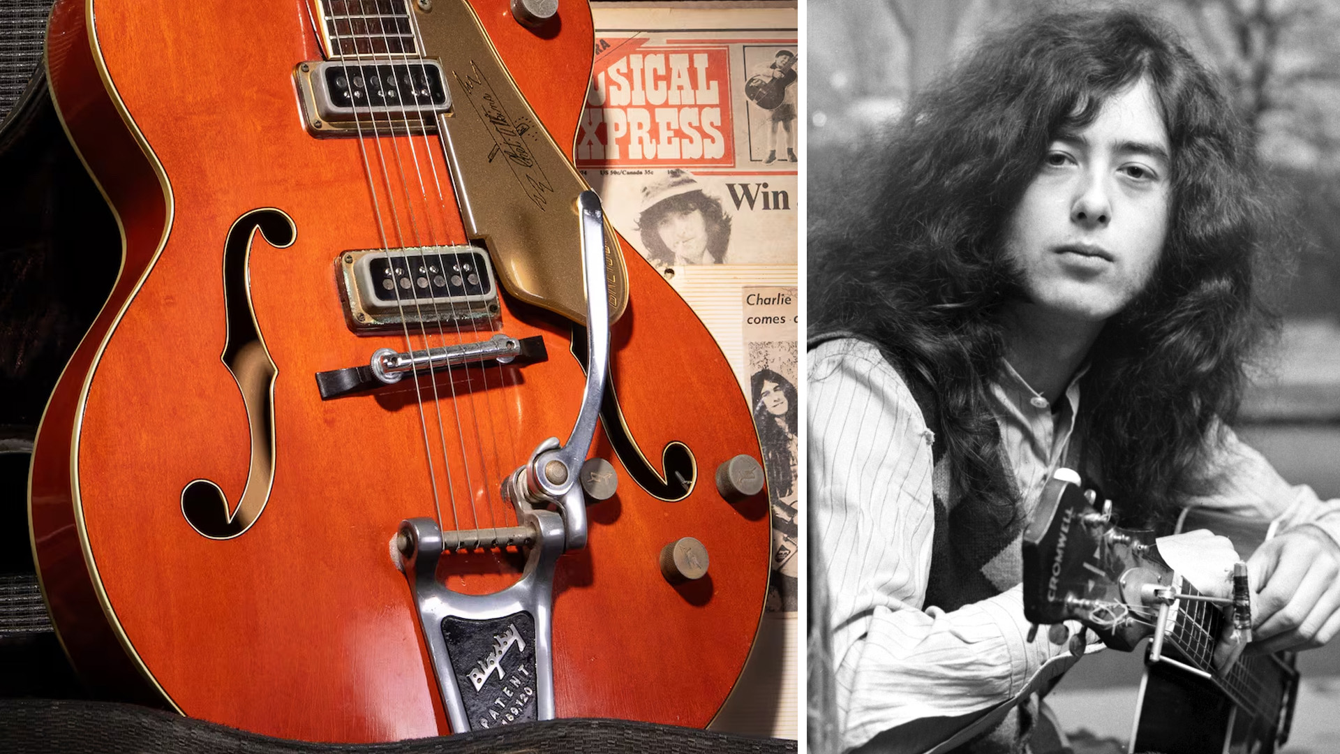 LEFT: A Gretsch Chet Atkins 6120 once owned by Jimmy Page and given away in a 1970s contest. The guitar is going to auction on September 9, 2025. RIGHT: January 1970 70-00002-005 (Photo by WATFORD/Mirrorpix/Mirrorpix via Getty Images)