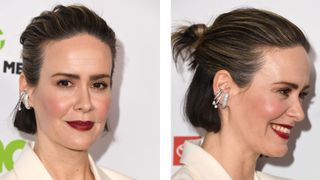 Sarah Paulson styling her blunt bob in a half up half down style