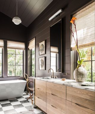 Bathroom with brown shiplap paneling and a wooden vanity
