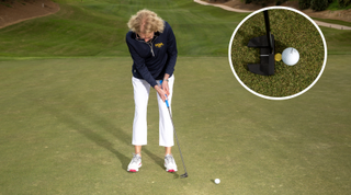 Sarah Bennett demonstrates a golf putting drill using a ball marker