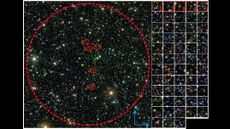 A composite image showing the 58 galaxies clustered together in the "zone of avoidance" behind the Milky Way.