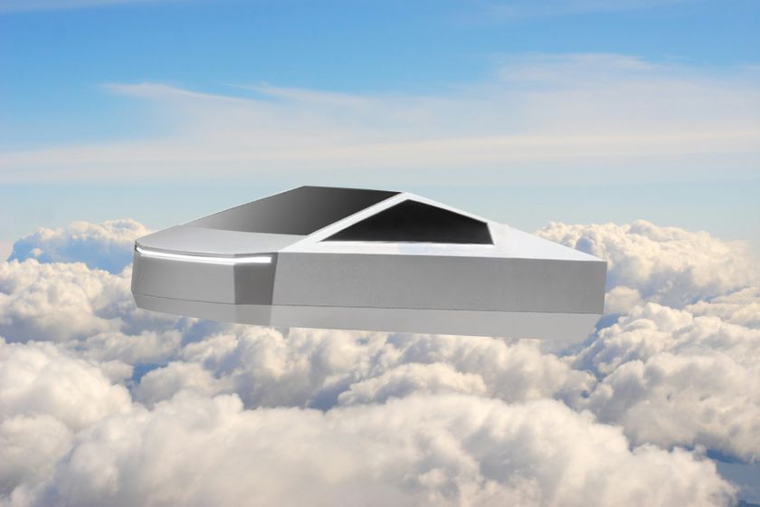 A mockup of a flying Tesla Cybertruck above the clouds in a blue sky