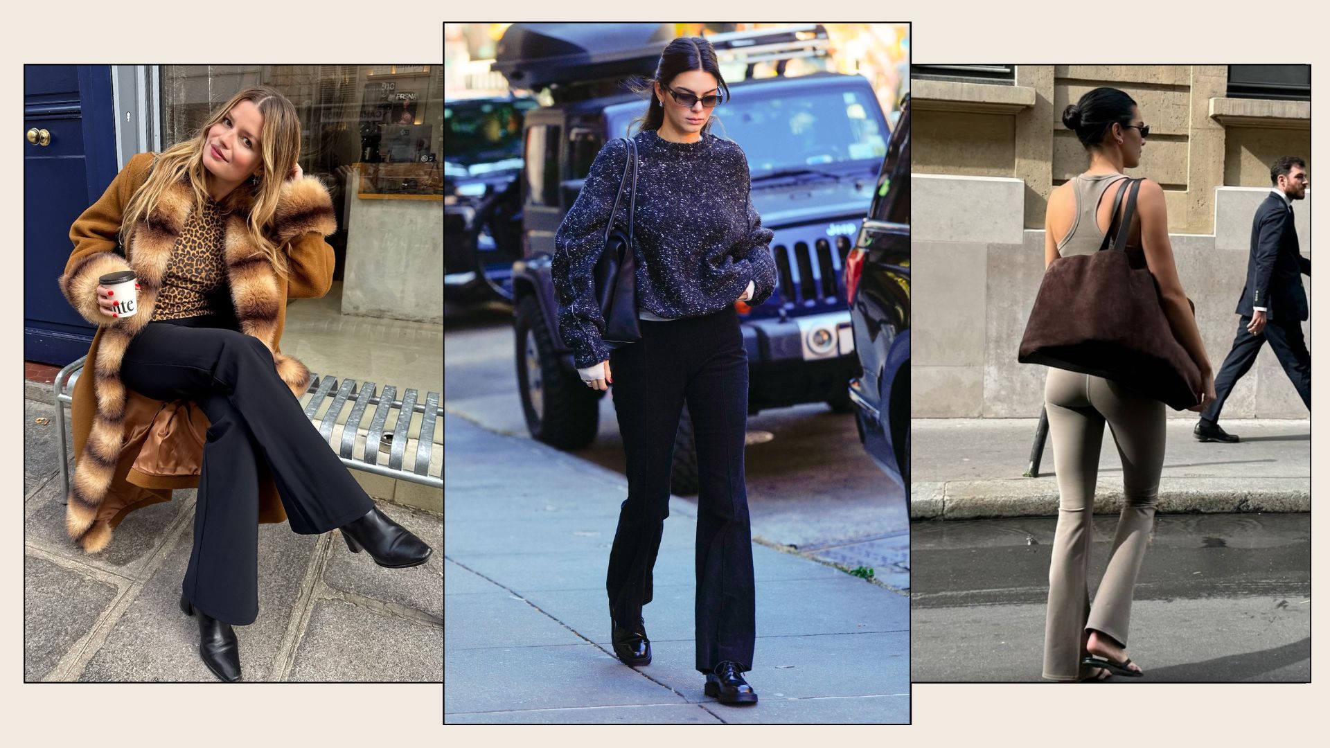 A collage of shoes to wear with bootcut leggings, as pictured on Kendall Jenner and Sabina Socol.
