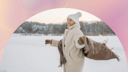 when does sagittarius season start feature image; happy adventurous woman outside in the snow