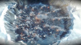 A bird's eye view of Frostpunk's chilly city.