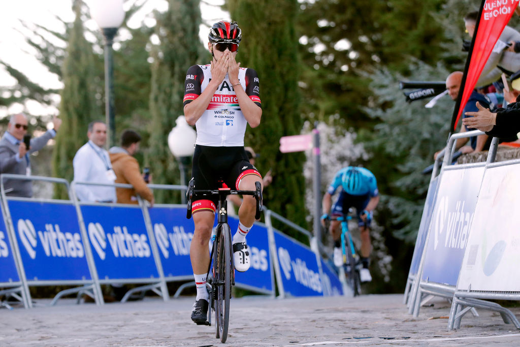 ALCALA LA REAL SPAIN FEBRUARY 17 Alessandro Covi of Italy and UAE Team Emirates celebrates at finish line as stage winner during the 68th Vuelta A Andalucia Ruta Del Sol 2022 Stage 2 a 1506km stage from Archidona to Alcal La Real 982m 68RdS on February 17 2022 in Alcala la Real Spain Photo by Bas CzerwinskiGetty Images