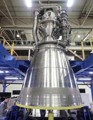 Close-up view of Blue Origin’s first assembled BE-4 engine, which will power the company’s New Glenn launcher.