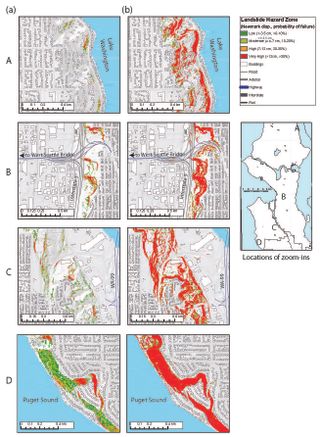 The areas most likely to landslide during an earthquake on the Seattle Fault during dry and wet soil conditions.